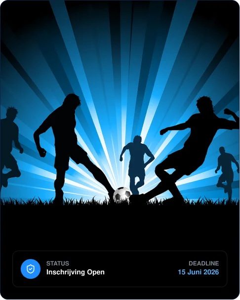 Silhouetten van voetballers in actie op een veld met blauwe lichtstralen op de achtergrond